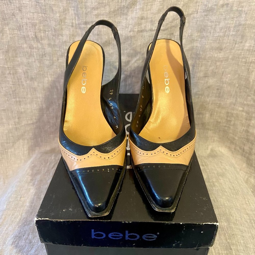 BeBe Black and Tan Slingback Heel Square Toe Size 6